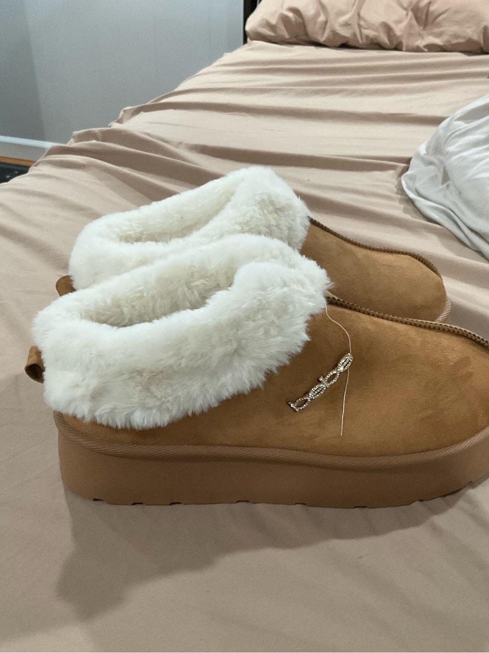 bebe Tan Suede Faux-Fur Cuffed Women's Slippers - Picture 2 of 4